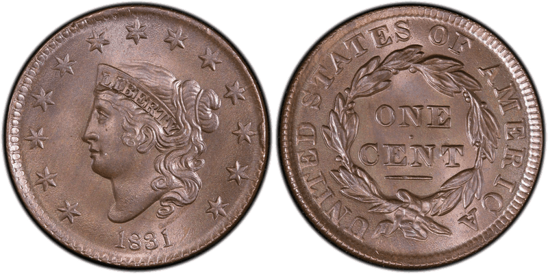 1831 Matron Head Coronet Head Cent Base