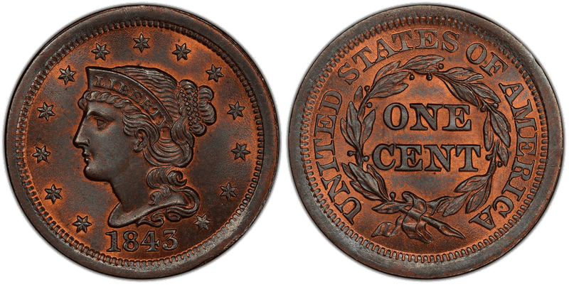 1843 Braided Hair Coronet Head Cent Base