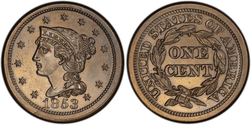 1853 Braided Hair Coronet Head Cent Base