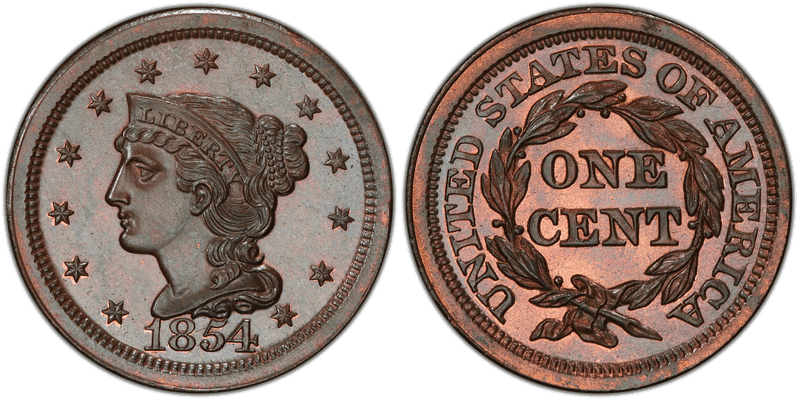 1854 Braided Hair Coronet Head Cent Base