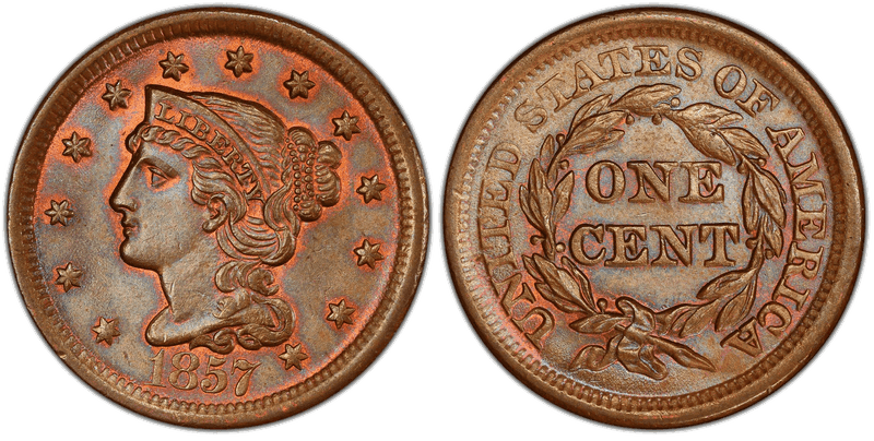 1857 Braided Hair Coronet Head Cent Base