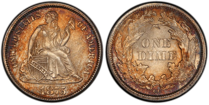 1875 (CC) Seated Liberty Dime - Mintmark Below Bow