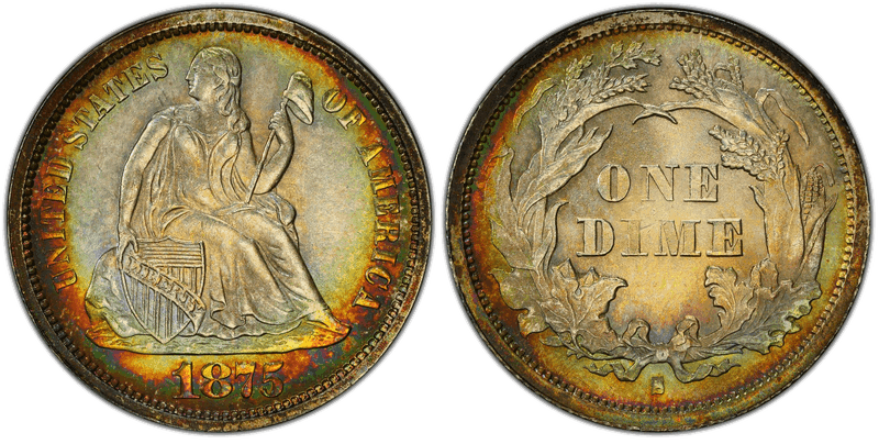1875 (S) Seated Liberty Dime - Mintmark Below Bow
