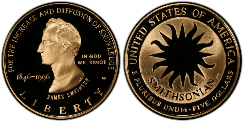 1996 (W) Proof Smithsonian Institution 150th Anniversary Commemorative Five Dollar Gold
