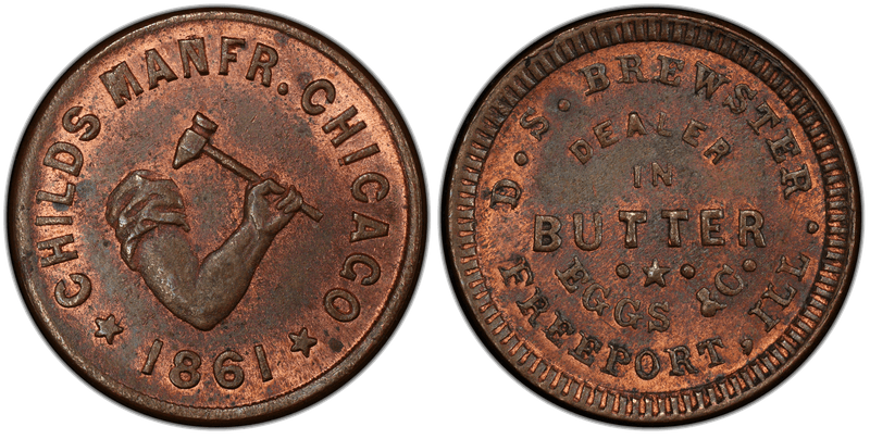 (1861) Copper Civil War Store Card F-320B-2a, D.S. Brewster IL