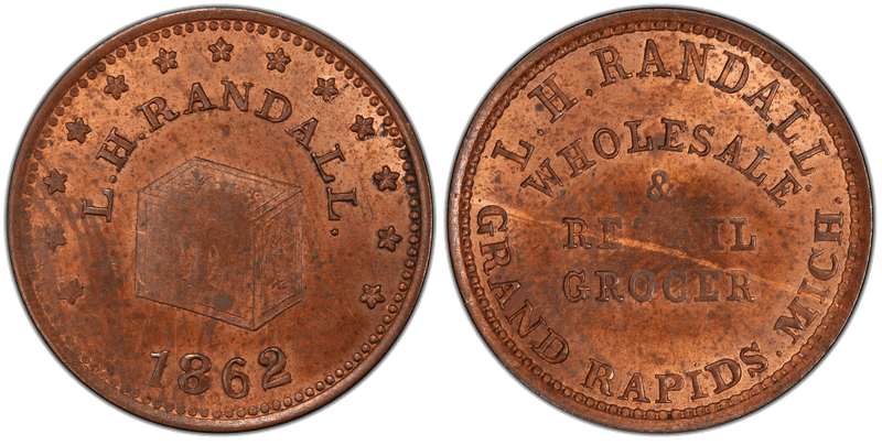 (1862) Copper Civil War Store Card F-370J-1a, L.H. Randall MI