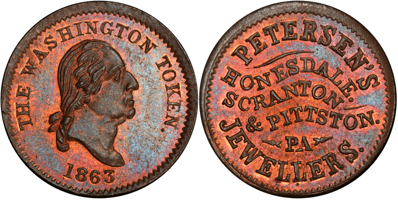 (1863) Copper Civil War Store Card F-464A-2a, GW-581 Petersen's Jewelers