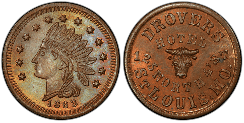 (1863) Copper Civil War Store Card F-910A-4a, Drovers Hotel MO