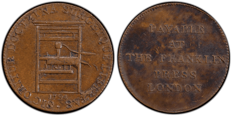 1794 Franklin Press Half Penny Token - Diagonally Reeded Edge