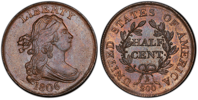 1806 Draped Bust Half Cent - Small 6, No Stems