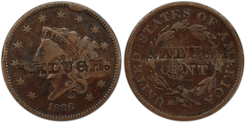 1836 Modified Matron Head Coronet Head Cent - Brunk K-274 H. Klugh.