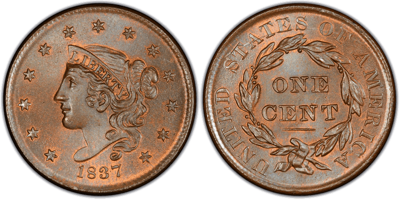 1837 Modified Matron Head Coronet Head Cent - Plain Cords, Medium Letters