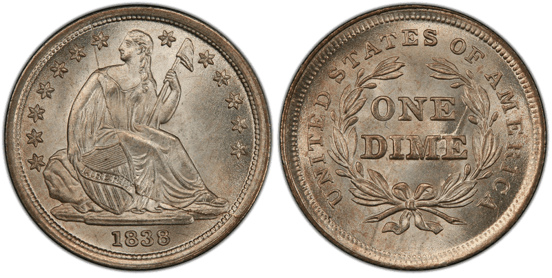 1838 Seated Liberty Dime - No Drapery, Large Stars