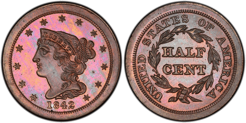 1842 Proof Braided Hair Half Cent - Restrike