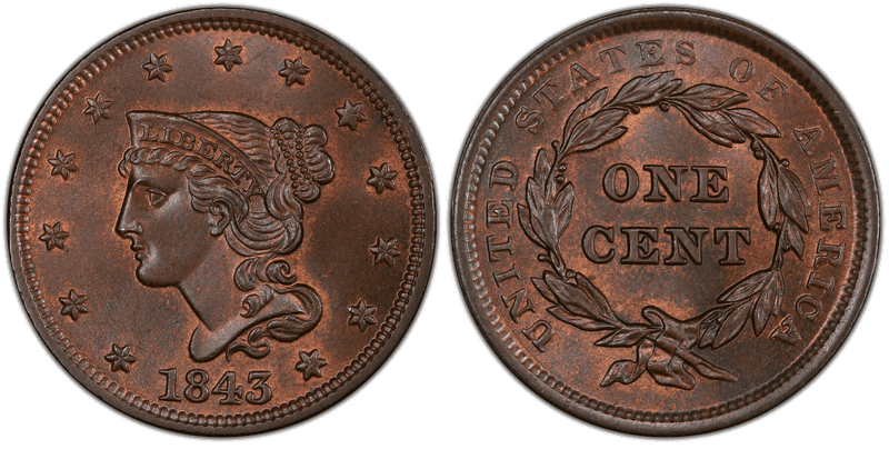 1843 Braided Hair Coronet Head Cent - Petite Head, Small Letters
