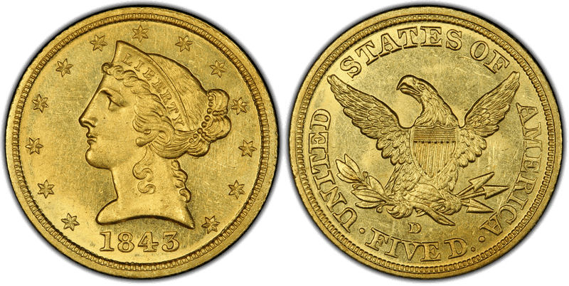 1843 (D) Liberty Head Half Eagle - Small D