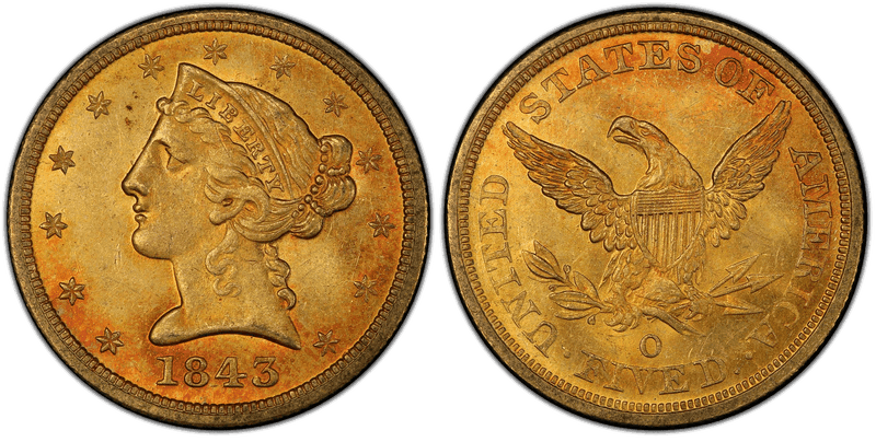 1843 (O) Liberty Head Half Eagle - Large Letters