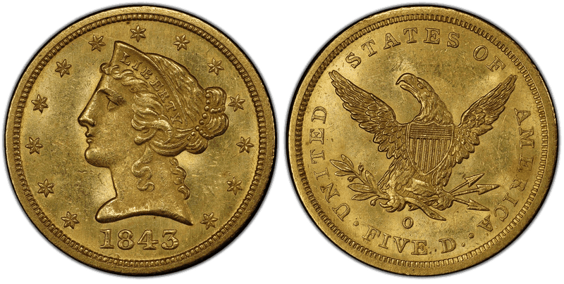 1843 (O) Liberty Head Half Eagle - Small Letters