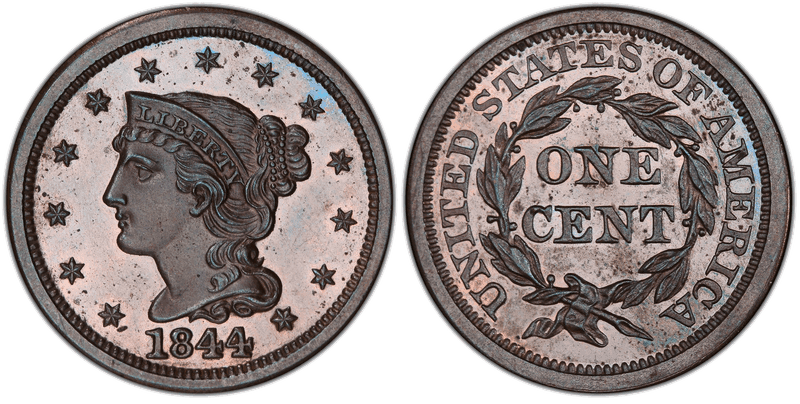 1844 Proof Braided Hair Coronet Head Cent