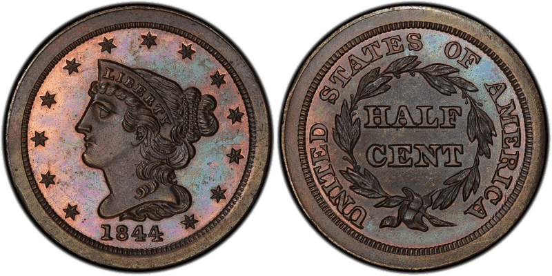 1844 Proof Braided Hair Half Cent - Restrike