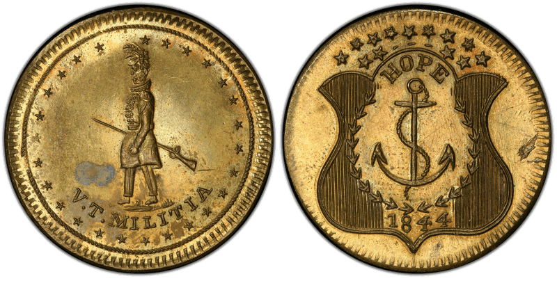 (1844) Brass Civil War Patriotic Token F-481/486b, Hope/V.T. Militia