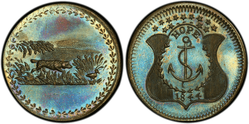 (1844) Brass Civil War Patriotic Token F-481/491b, Hope/Dog & Duck