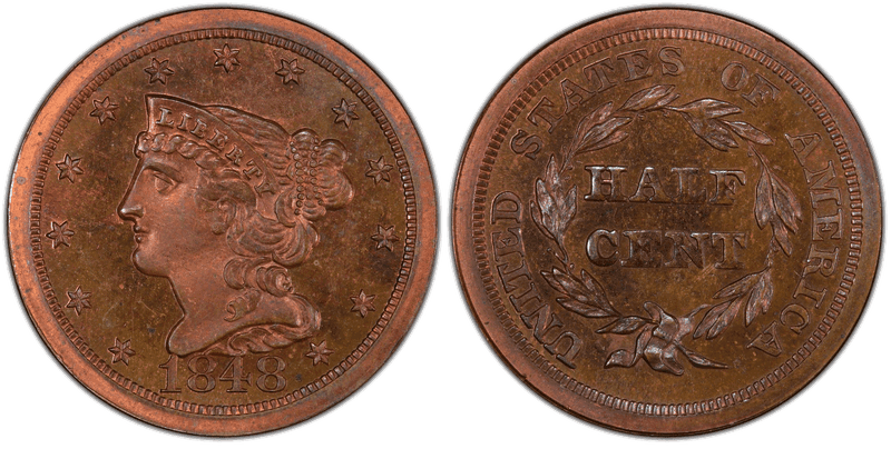 1848 Proof Braided Hair Half Cent - Restrike
