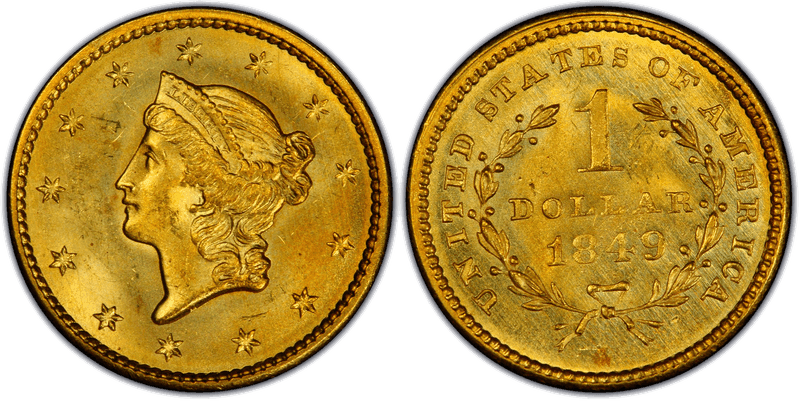 1849 Liberty Gold Dollar - Closed Wreath