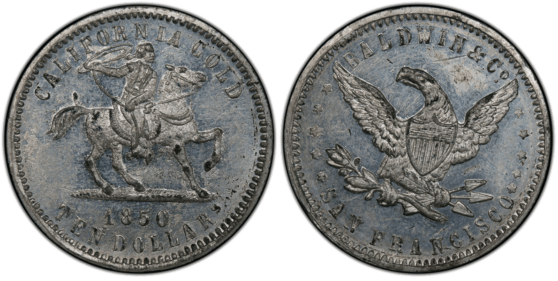 1850 Baldwin & Company Ten Dollar - Restrike, Gilt White Metal