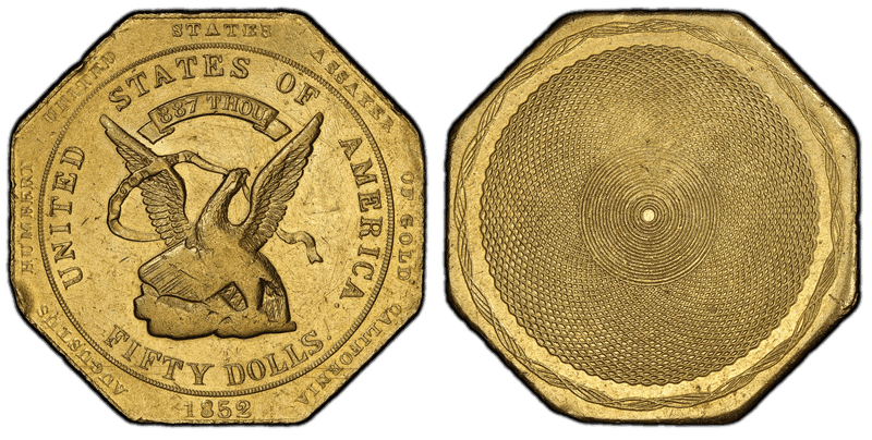 1852 California Gold $50 - "887" $50 RE Augustus Humbert