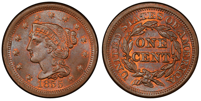 1855 Braided Hair Coronet Head Cent - Upright 55
