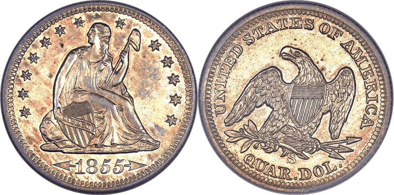1855 (S) Seated Liberty Quarter - Arrows, BM