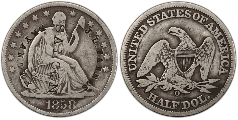 1858 (O) Seated Liberty Half Dollar - Brunk B-302 J.L. Barnes