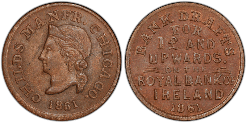 (1861) Copper Civil War Store Card F-150AS-2a, Royal Bank of Ireland IL
