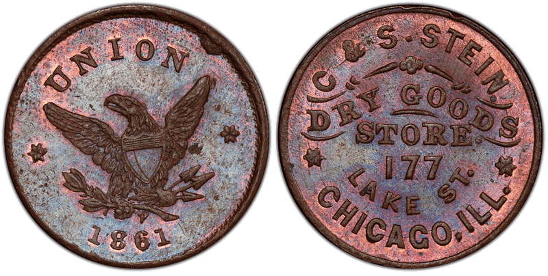 (1861) Copper Civil War Store Card F-150BC-5a, C & S. Stein IL