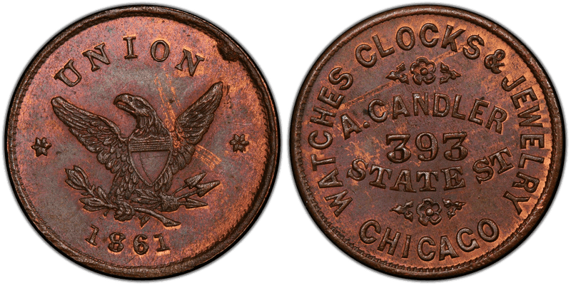 (1861) Copper Civil War Store Card F-150I-3a, A. Candler IL