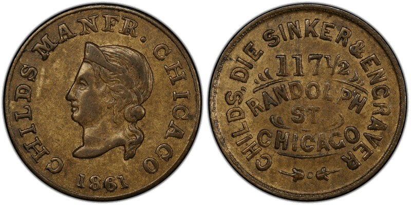(1861) Brass Civil War Store Card F-150J-11B, Child's, Die Sinker & Engraver IL