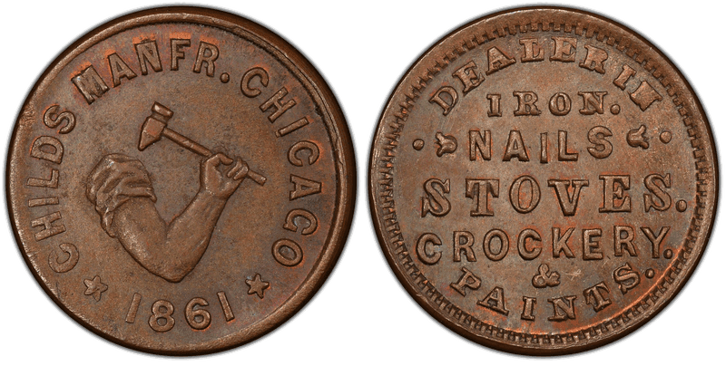 (1861) Copper Civil War Store Card F-150J-25a, Childs IL