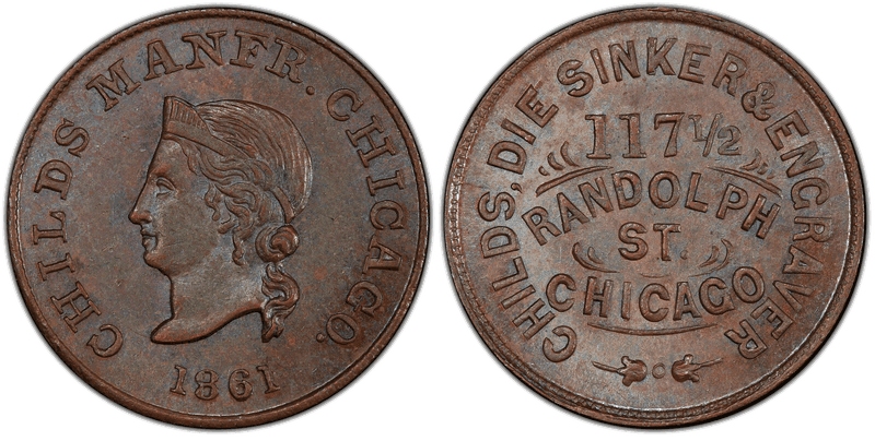 (1861) Copper Civil War Store Card F-150J-9a, Childs, Die Sinker & Engraver IL