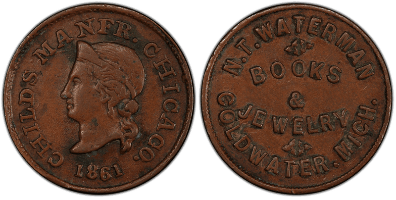 (1861) Copper Civil War Store Card F-185A-1a, N.T. Waterman MI