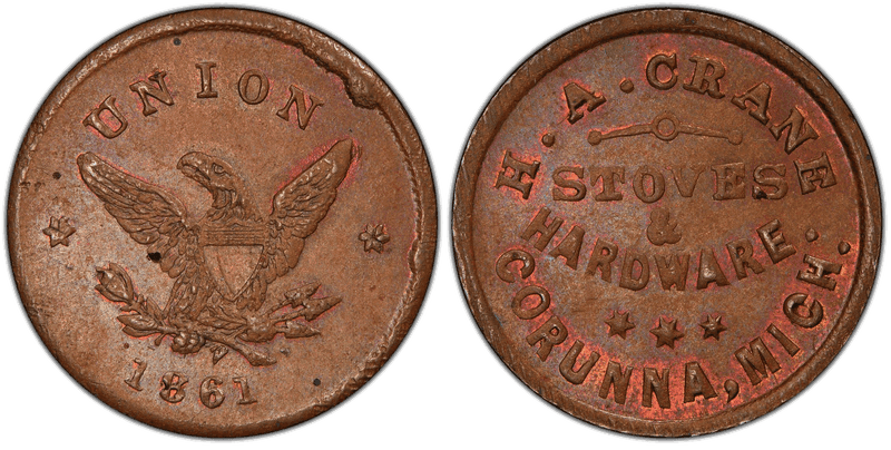 (1861) Copper Civil War Store Card F-200A-4a, H.A. Crane MI