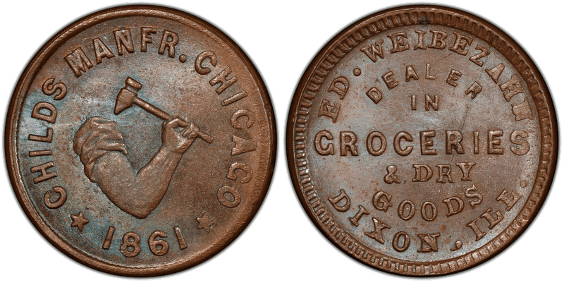 (1861) Copper Civil War Store Card F-210A-2a, Ed. Weibezahn IL