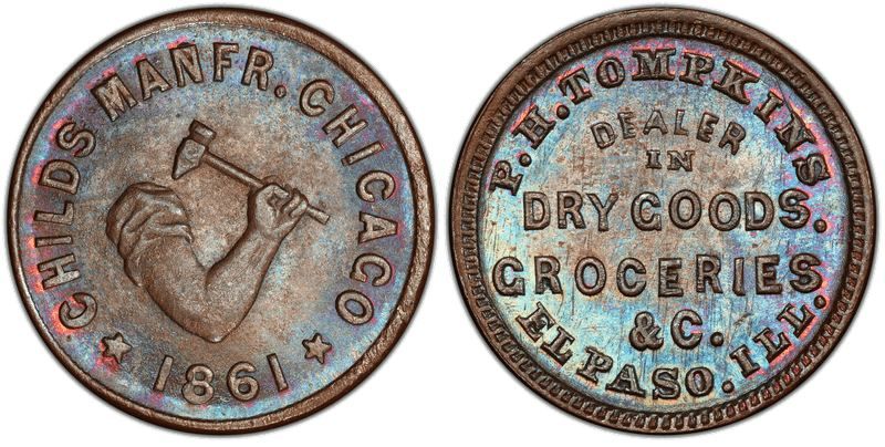 (1861) Copper Civil War Store Card F-275A-2a, P.H. Tompkins IL