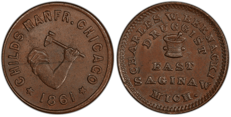 (1861) Copper Civil War Store Card F-280A-3a, Charles W. Bernacki MI