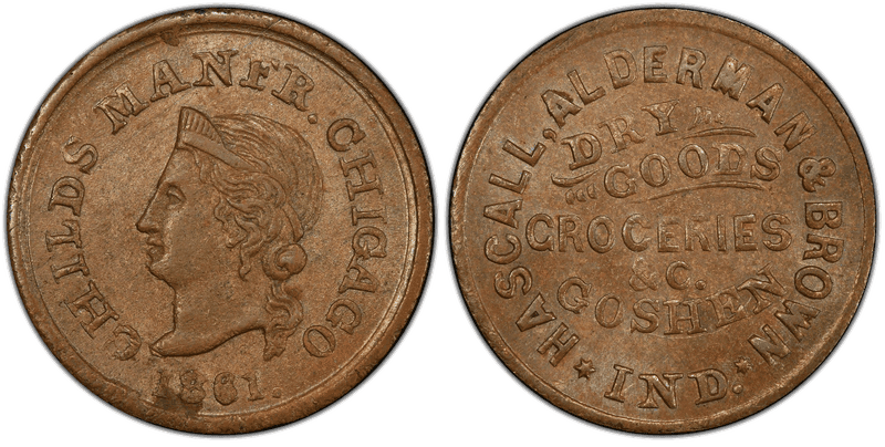 (1861) Copper Civil War Store Card F-350B-2a, Hascall, Alderman & Brown IN
