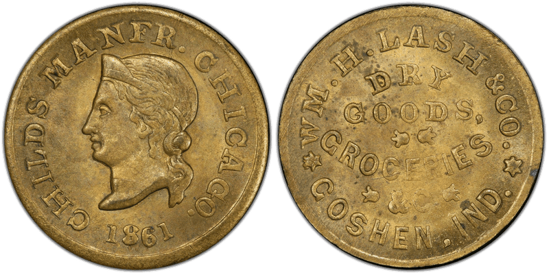 (1861) Brass Civil War Store Card F-350D-1Bb, Wm. H. Lash & Co. IN