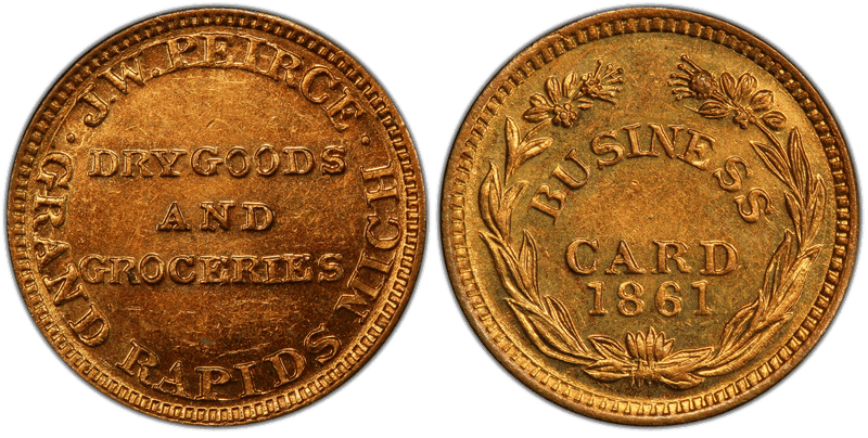 (1861) Brass Civil War Store Card F-370H-1b, J.W. Peirce MI