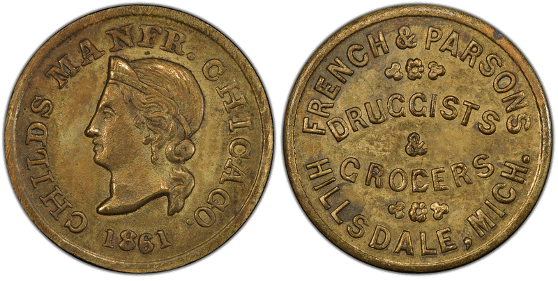 (1861) Brass Civil War Store Card F-450E-1b, French & Parsons MI