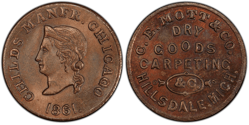 (1861) Copper Civil War Store Card F-450K-2a, C.E. Mott & Co. MI