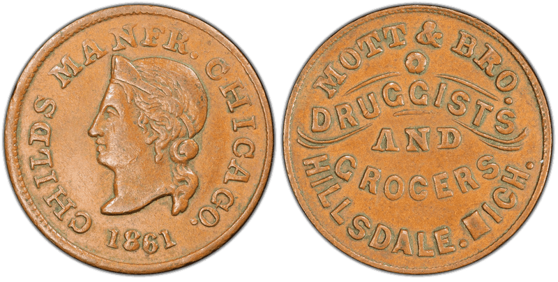 (1861) Copper Civil War Store Card F-450L-1a, Mott & Bro. MI